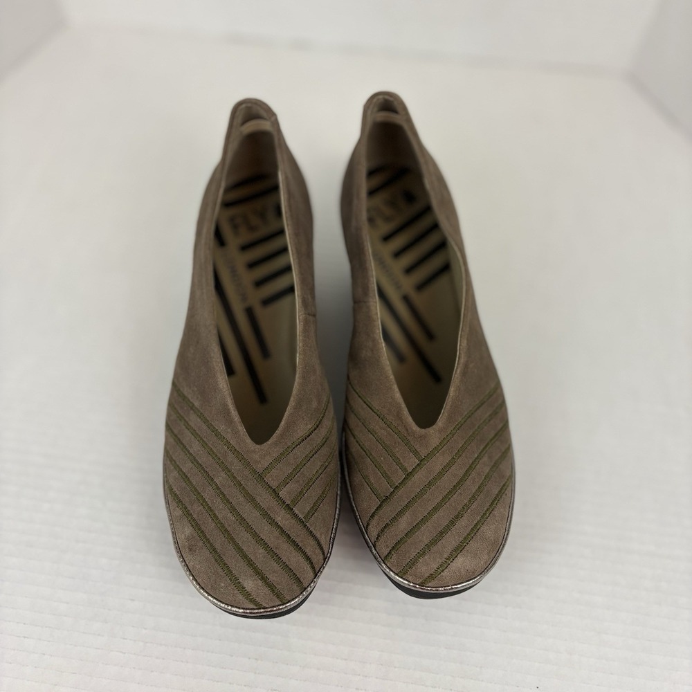 Fly London Women 41 Suede Wedge Pumps Taupe Brown Green Stitch Comfort Shoes - Picture 8 of 13
